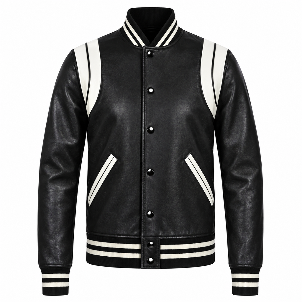 Men’s Black and White Leather Varsity Jacket